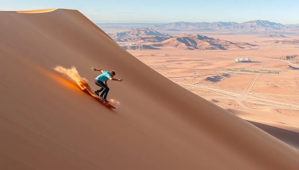 Generate an image of a person sandboarding down a massive dune in Medanos de Coro National Park.