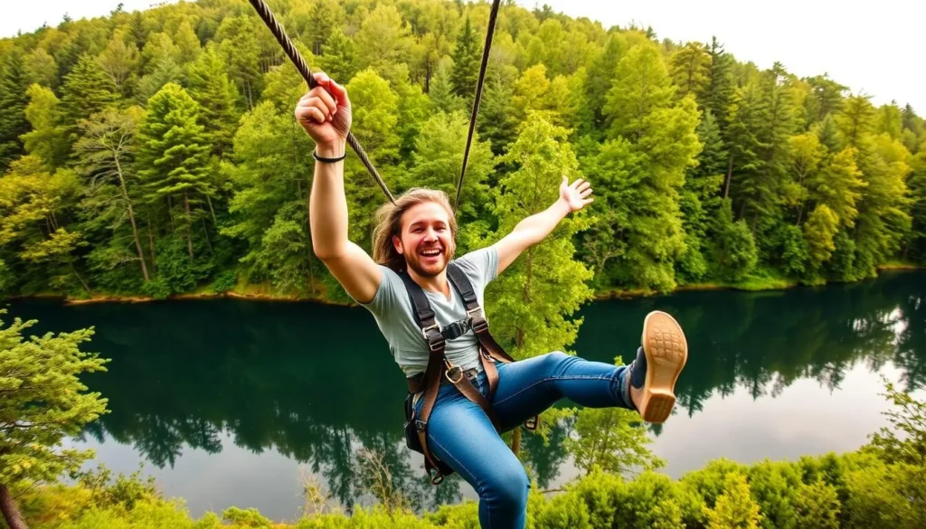 Generate an image of a person zipping through the forest canopy with a thrilling expression, surrounded by trees and a serene lake in the background.