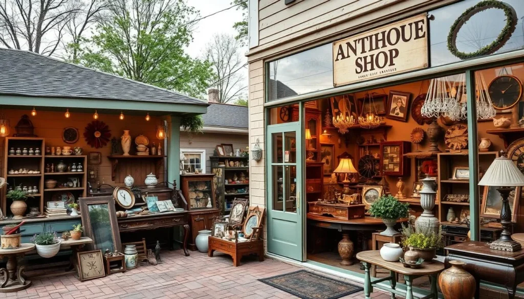 Generate an image of a quaint antique shop in downtown Ellijay with vintage items on display.