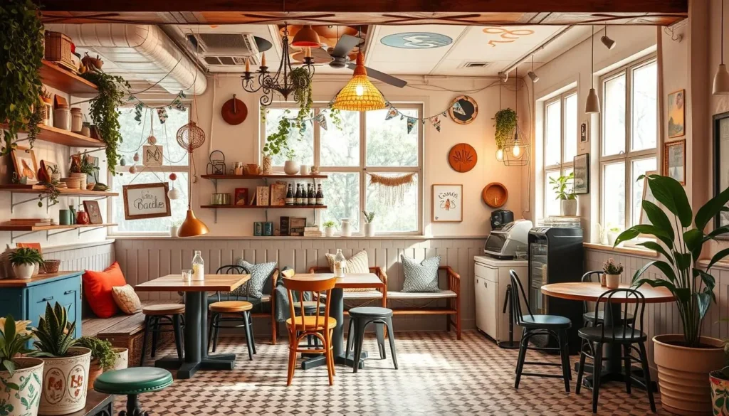 Generate an image of a quirky café with a unique interior and a relaxed atmosphere.