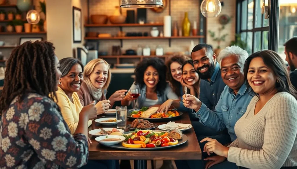 Generate an image of a restaurant in Sutton with a diverse group of people enjoying a meal.