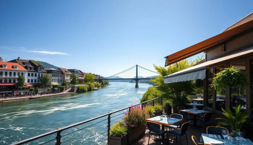 Generate an image of a restaurant with a view of the Drammen River and Ypsilon Bridge