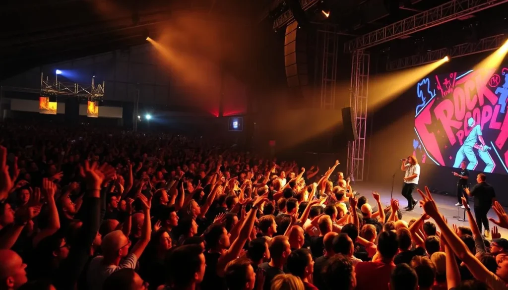 Generate an image of a rock concert at Rock for People with a large audience and energetic performers.