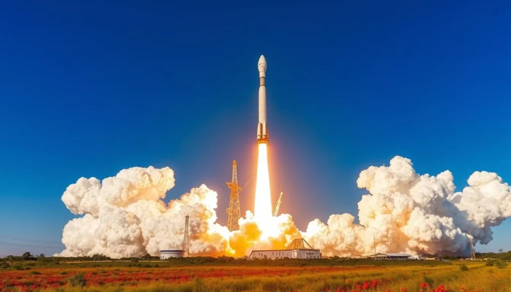 Generate an image of a rocket launching from the Guiana Space Centre.