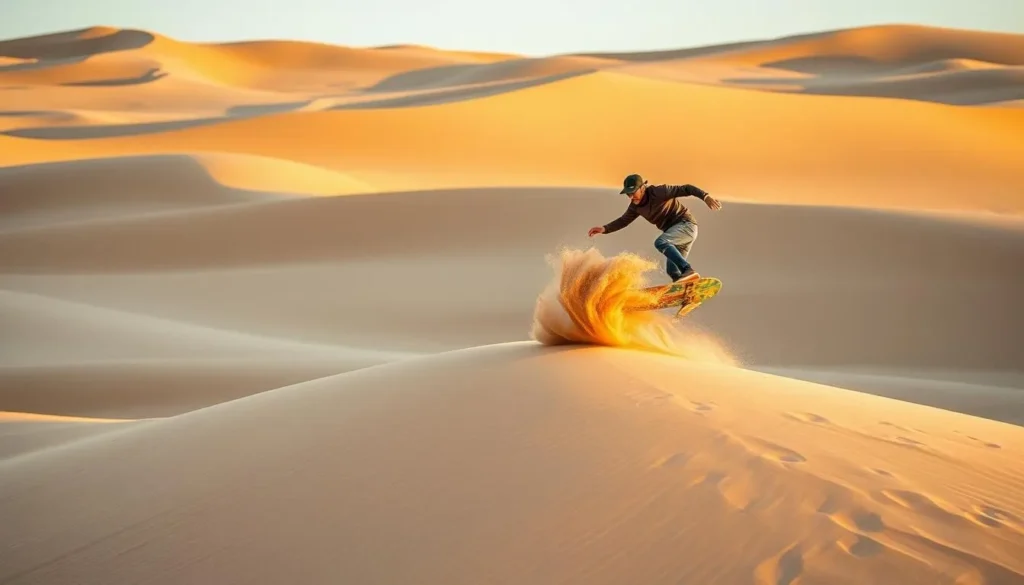 Generate an image of a sandboarder in action on the dunes of Dragon Hill, Iquique, Chile.