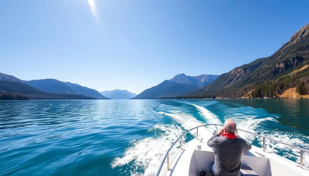 Generate an image of a scenic boat tour on Lake Minnewanka