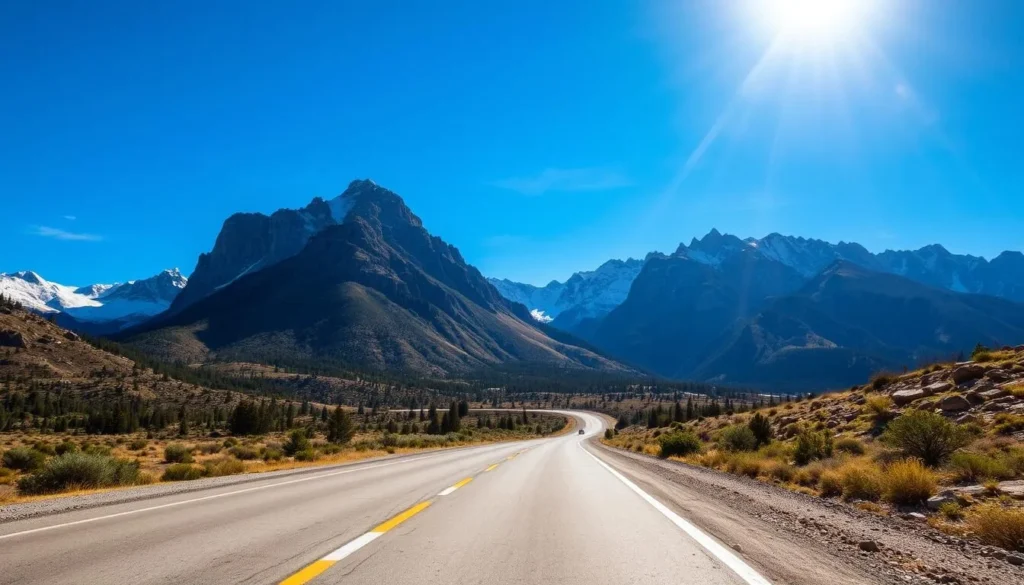 Generate an image of a scenic byway with breathtaking mountain views and a clear blue sky.