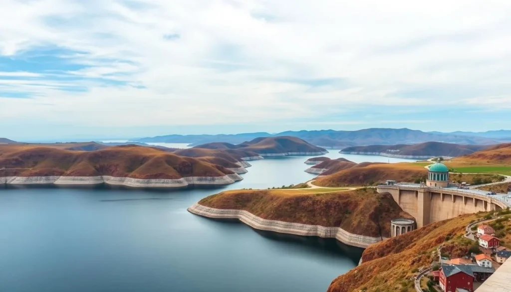Generate an image of a scenic dam with panoramic views of water meeting the horizon, backed by hills.