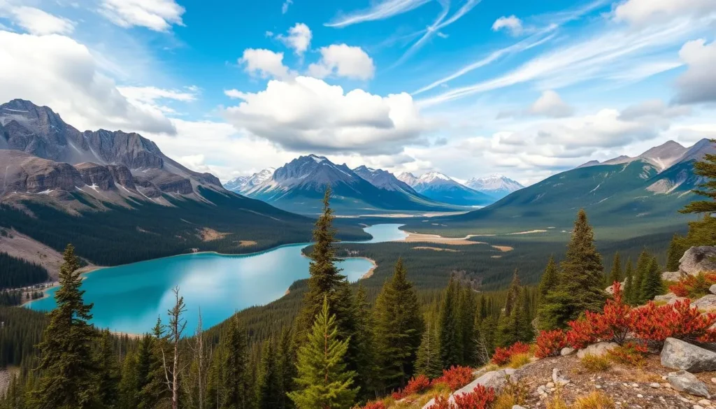 Generate an image of a scenic mountain landscape with a lake in Kananaskis Country.