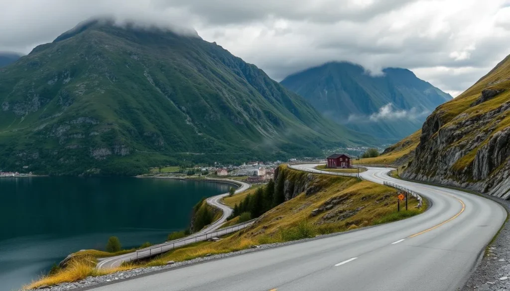 Generate an image of a scenic mountain road winding alongside a serene fjord, with a charming village in the background.