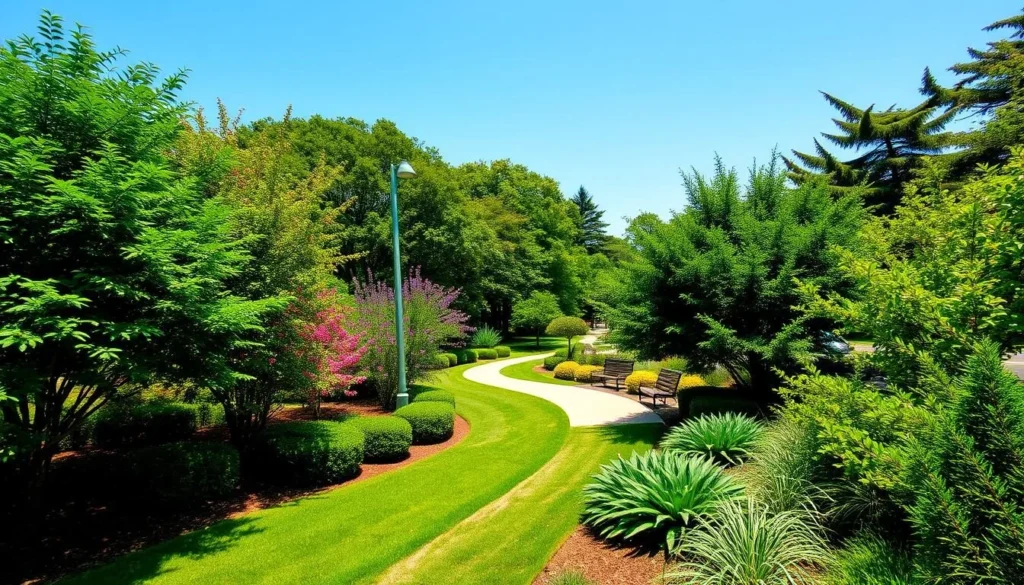 Generate an image of a scenic park in Glen Cove, with lush greenery and walking paths.