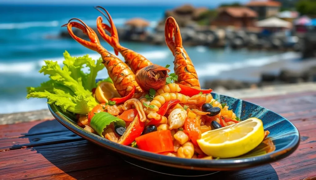 Generate an image of a seafood dish in Huanchaco, Peru