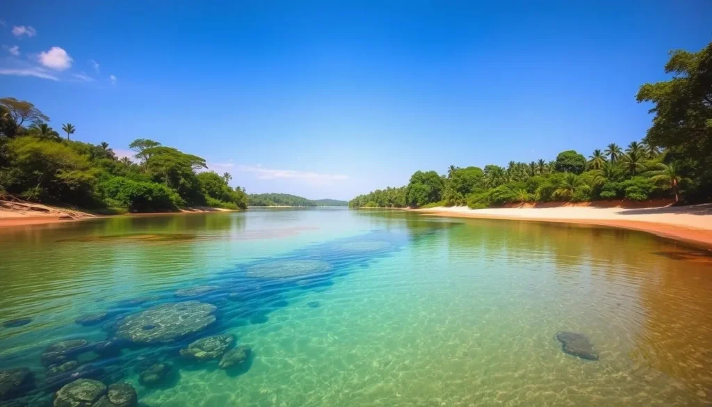 Generate an image of a serene Arapiuns River with pristine beaches and lush greenery.
