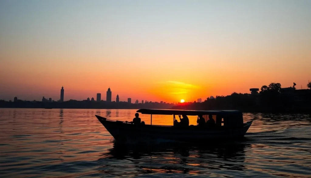 Generate an image of a serene Hooghly River boat ride at sunset with the Kamarhati skyline in the background.