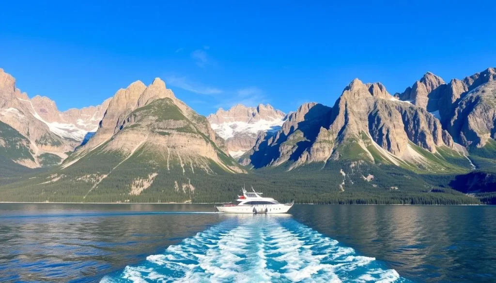 Generate an image of a serene Lake Minnewanka cruise surrounded by majestic mountains.