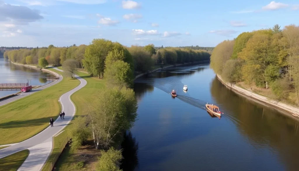 Generate an image of a serene Nemunas River scene in Druskininkai with walking paths and water activities.