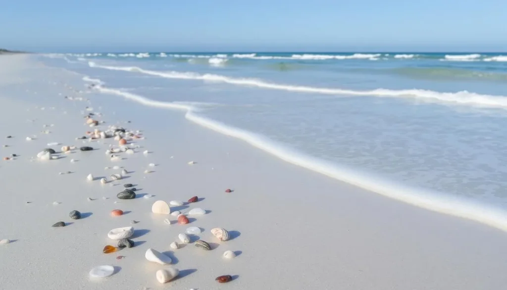 Generate an image of a serene Pea Island beach at low tide, with shells and sea glass scattered along the shore.