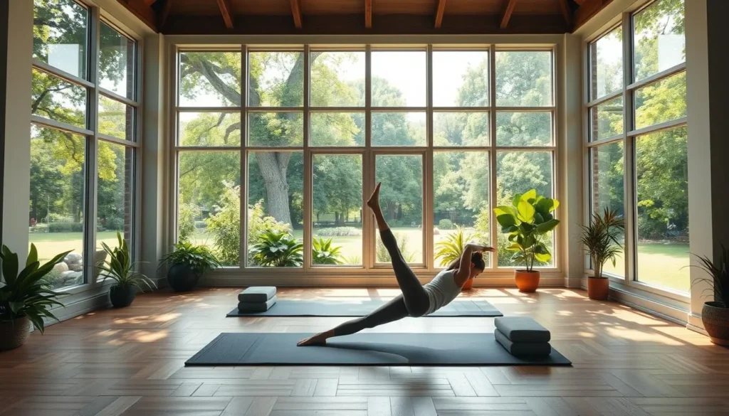 Generate an image of a serene Pilates studio in a park setting.