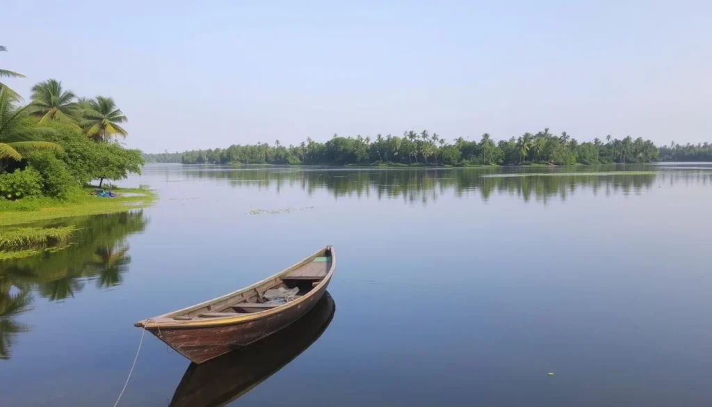 Generate an image of a serene backwater scene in Kayamkulam with a fishing boat