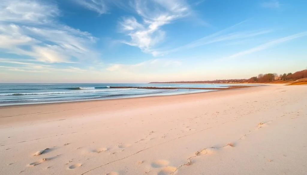 Generate an image of a serene beach along the North Shore of Long Island, with the Long Island Sound in the background.