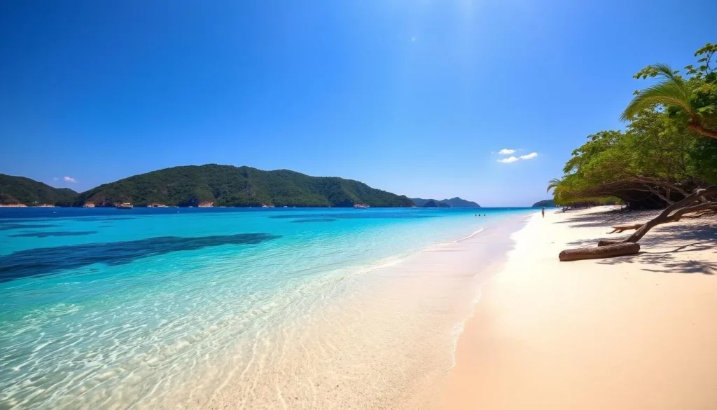 Generate an image of a serene beach in Mochima National Park with crystal-clear waters and powdery white sand.