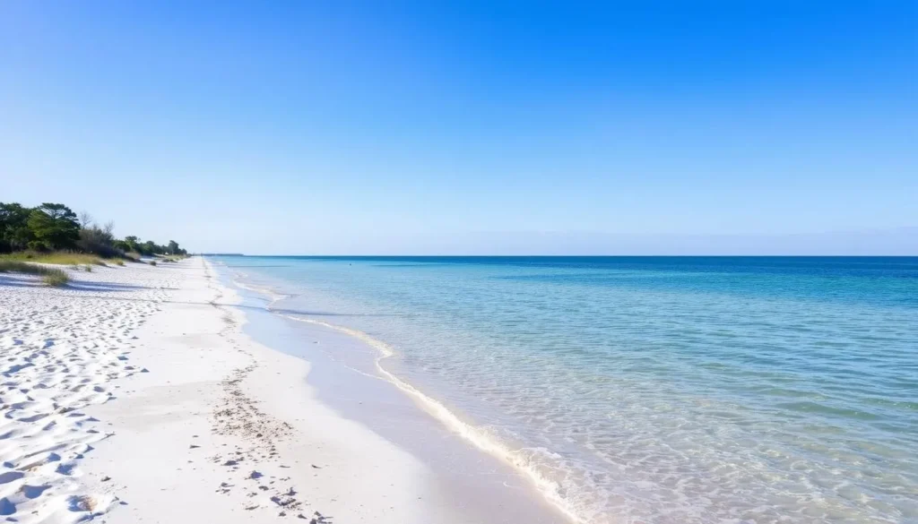 Generate an image of a serene beach scene at Fred Howard Park, Tarpon Springs, with white sandy beaches and calm waters.