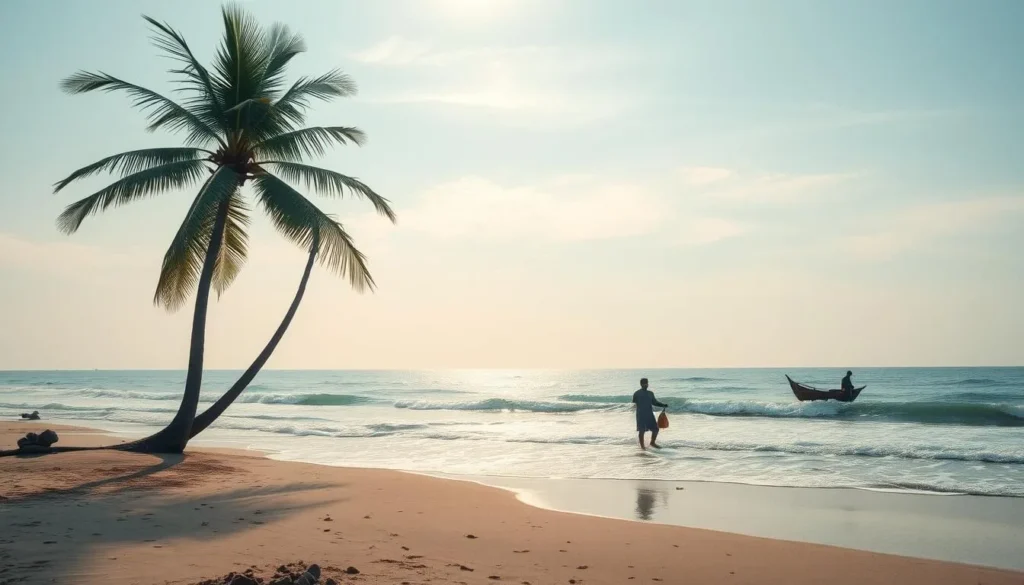 Generate an image of a serene beach scene with palm trees swaying in the breeze and a few fishermen in traditional attire.