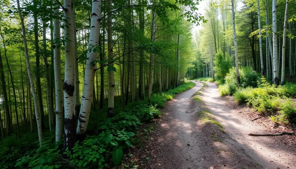 Generate an image of a serene birch forest along the hiking trail from Nikkaluokta to Čievrračohkka.