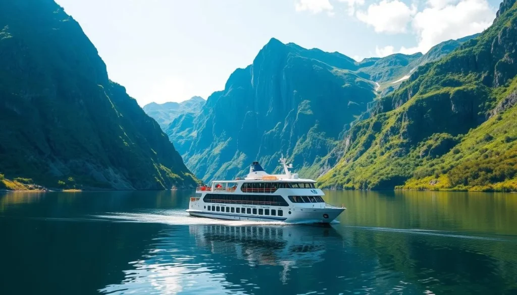 Generate an image of a serene cruise boat navigating through the majestic Lysefjord, surrounded by towering cliffs and lush greenery.