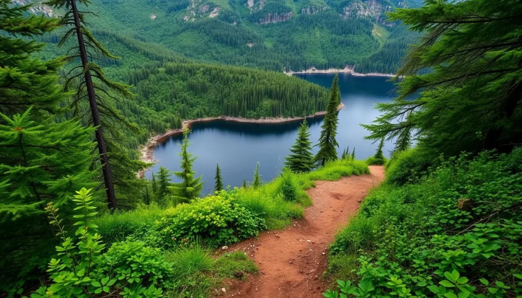 Generate an image of a serene hiking trail around Black Lake, with lush greenery and a glimpse of the lake's dark waters.