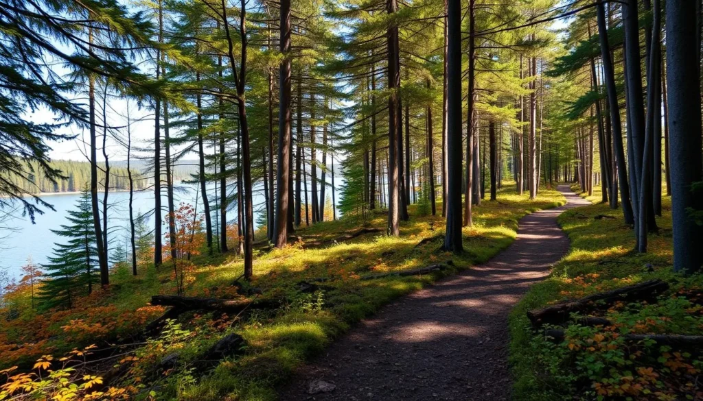 Generate an image of a serene hiking trail in the Evo Hiking Area, surrounded by lush Finnish forest.