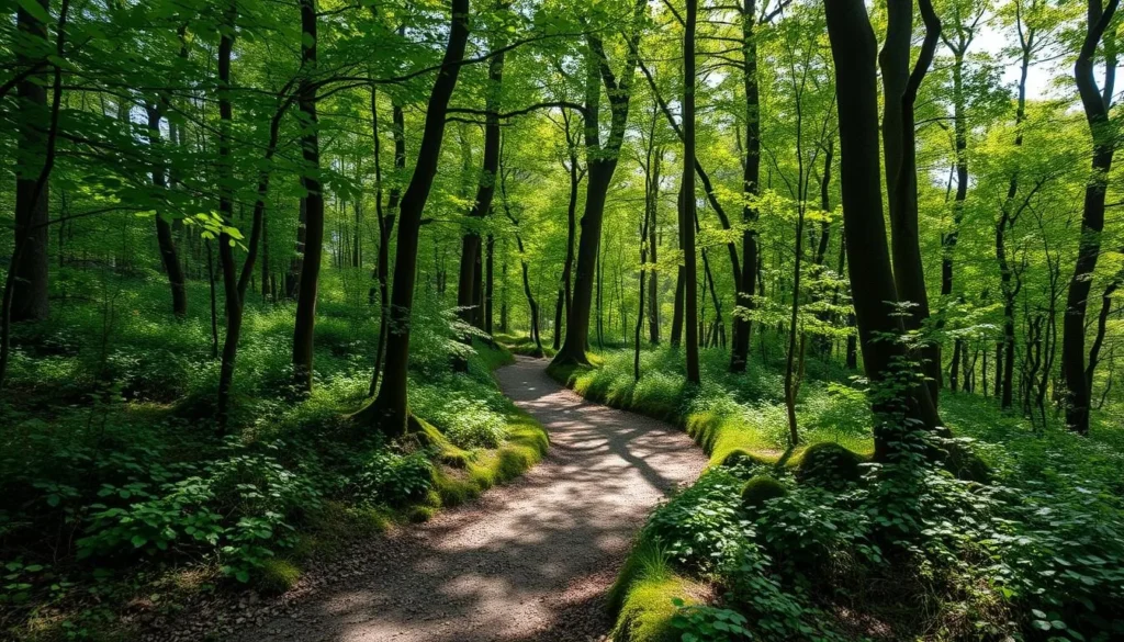 Generate an image of a serene hiking trail winding through an ancient forest in Sumava National Park.