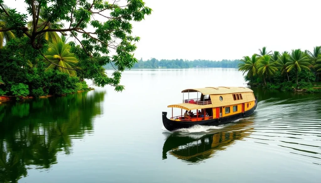Generate an image of a serene houseboat cruising through the calm waters of Kayamkulam Kayal, surrounded by lush greenery and traditional Kerala scenery.
