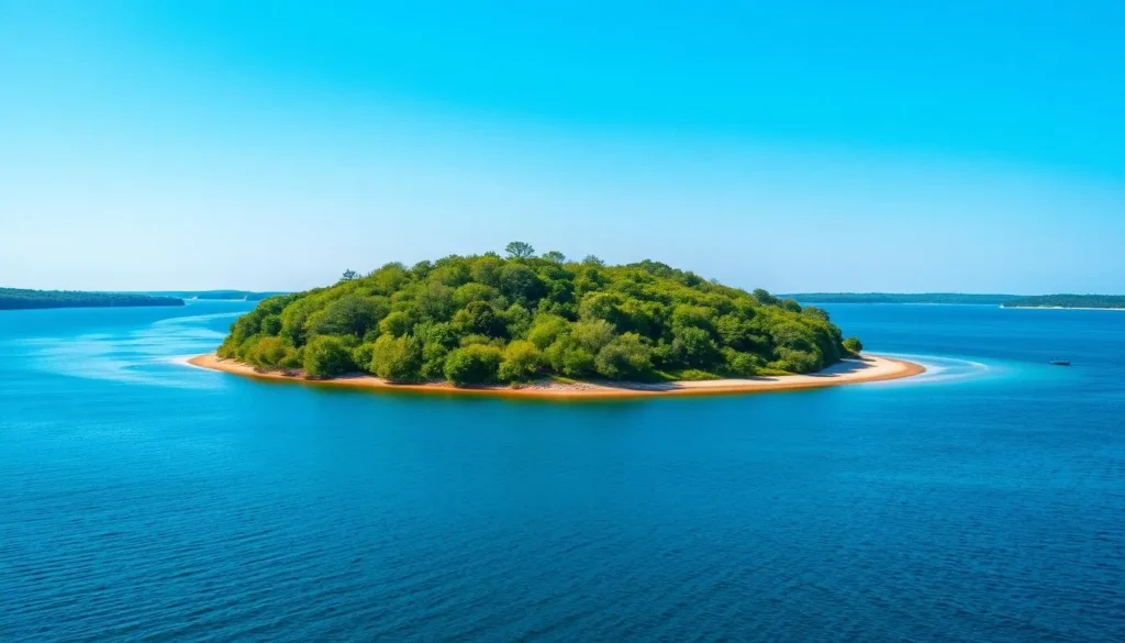 Generate an image of a serene island in the Lake Vaddoviken archipelago, with lush greenery and a sandy beach.