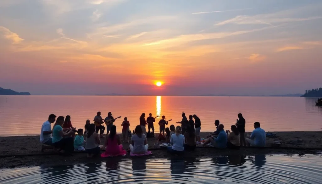 Generate an image of a serene lake scene at sunset with people gathered on the shore, enjoying music and food. Generate an image of a serene lake scene at sunset with people gathered on the shore, enjoying music and food.
