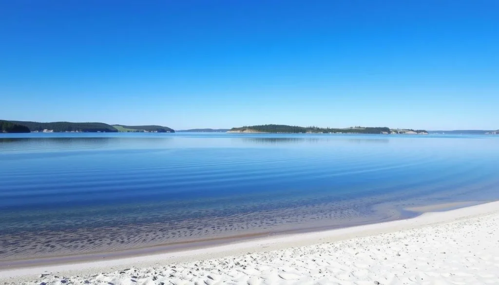 Generate an image of a serene lake with white sandy beach in Tiveden National Park