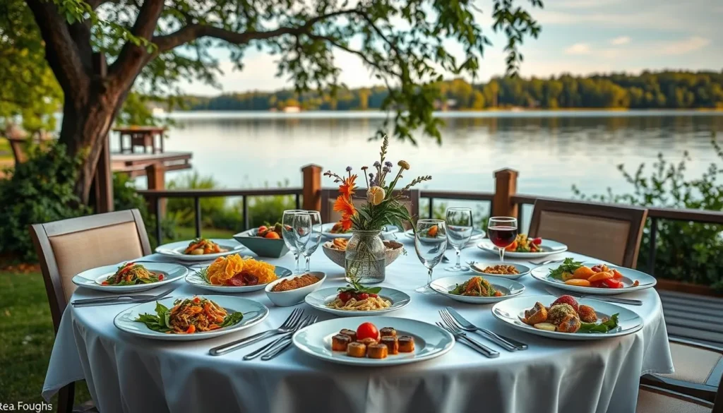 Generate an image of a serene lakeside dining setting with a variety of dishes on the table.