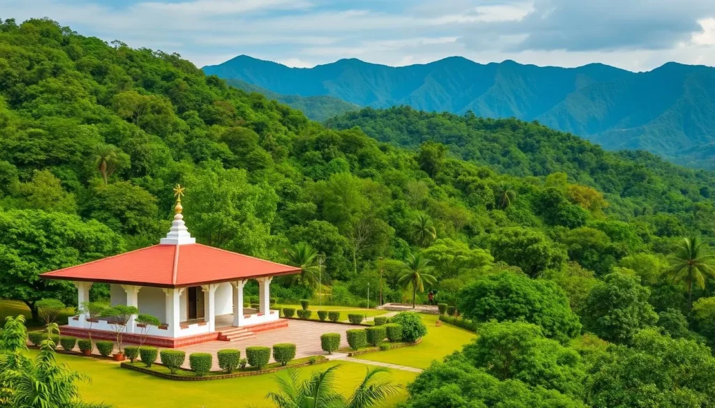 Generate an image of a serene meditation center surrounded by lush greenery and overlooking the Tirumala hills.