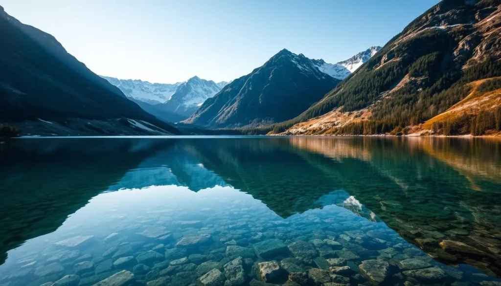 Generate an image of a serene mountain lake in Pieljekaise National Park, Sweden, with crystal-clear water reflecting the surrounding mountains.