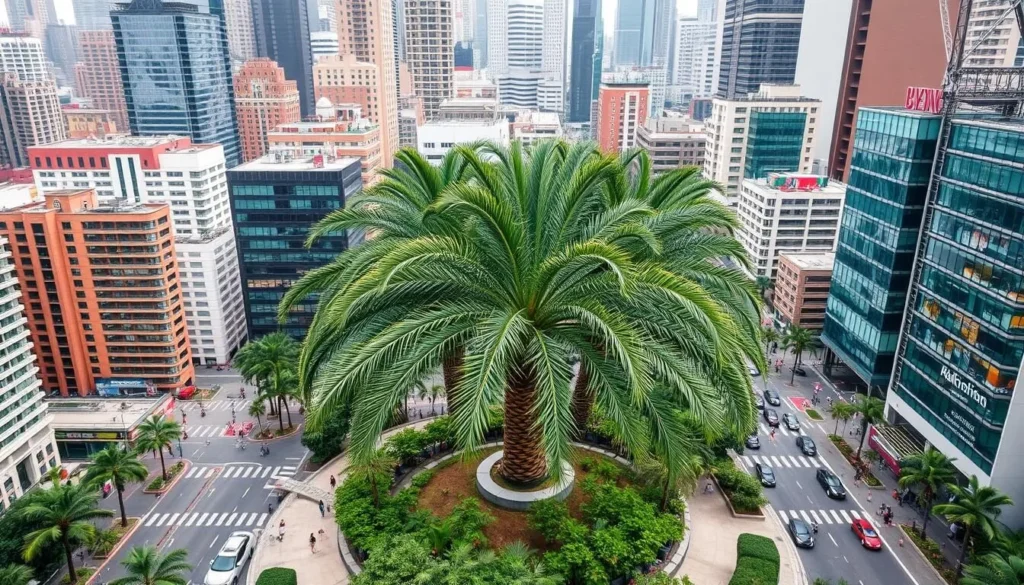 Generate an image of a serene palm garden in the heart of a city.
