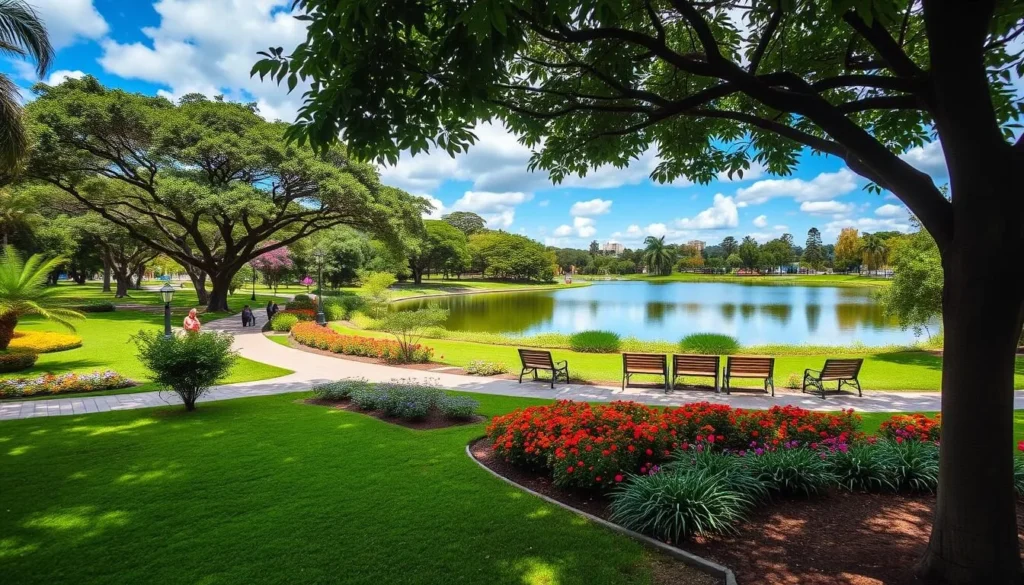 Generate an image of a serene park in Caracas with lush greenery and a lake.