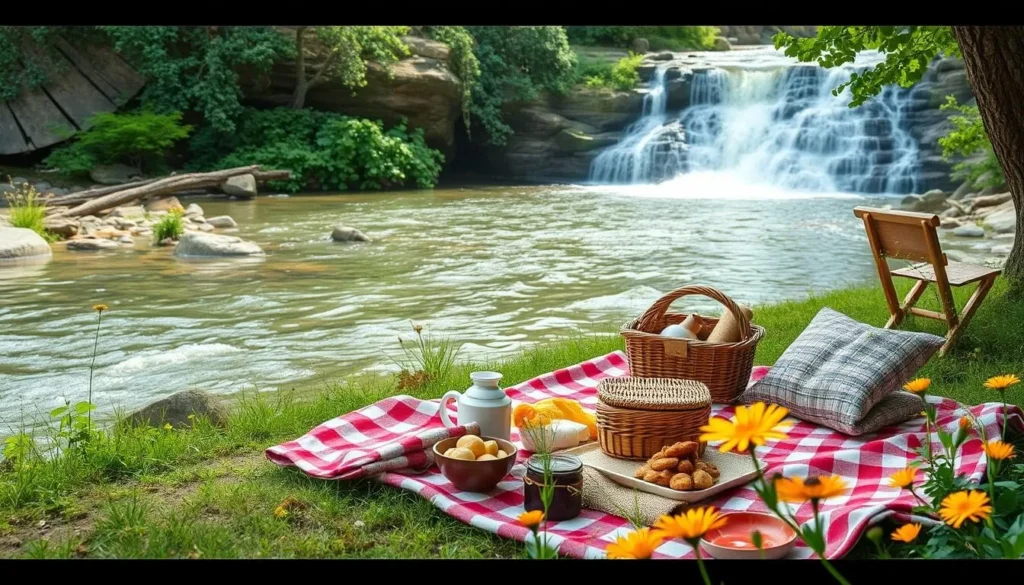 Generate an image of a serene picnic spot with a waterfall and a river in the background.