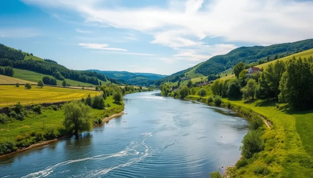 Generate an image of a serene river flowing through a picturesque Czech countryside.