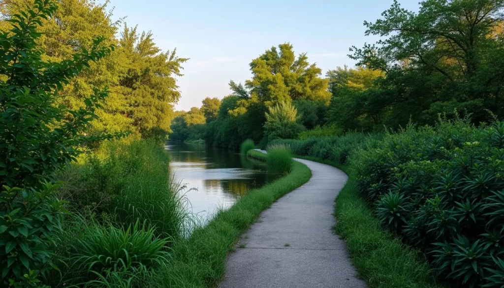 Generate an image of a serene riverside walkway with lush greenery and a tranquil atmosphere.