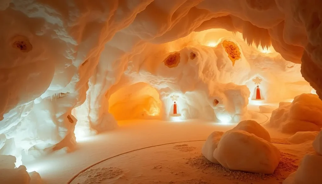 Generate an image of a serene salt cave with Himalayan salt formations and a peaceful ambiance.