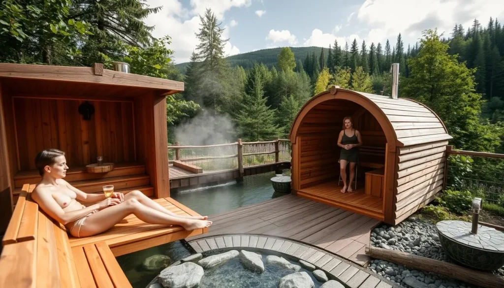 Generate an image of a serene sauna setting with people relaxing in wooden saunas surrounded by nature.