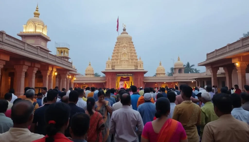 Generate an image of a serene temple in Guwahati, Assam, with devotees gathered for prayer.