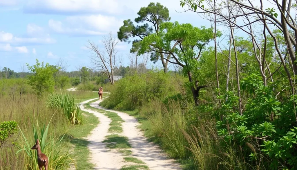 Generate an image of a serene trail in Bombay Hook National Wildlife Refuge