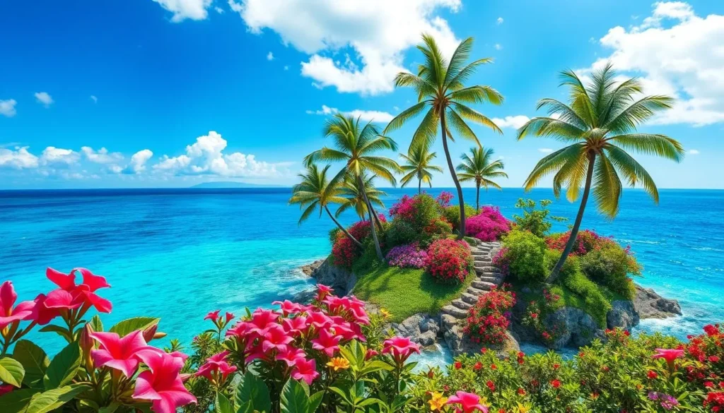 Generate an image of a serene tropical garden island with vibrant flowers and palm trees, surrounded by clear blue waters.