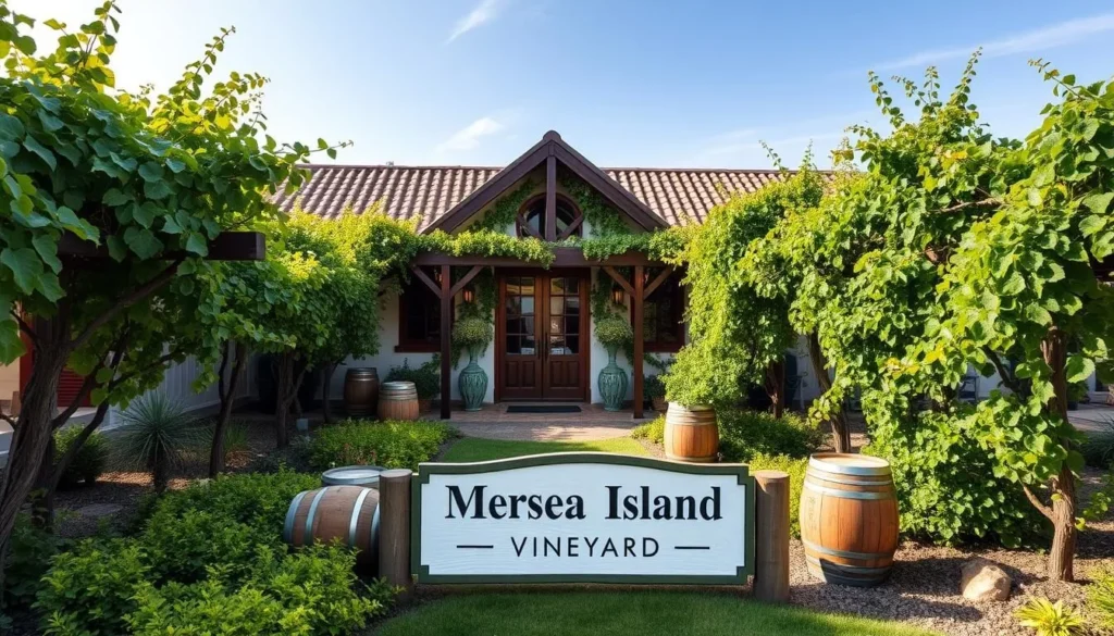 Generate an image of a serene vineyard setting with a beautiful courtyard, surrounded by lush greenery and vines, with a few wine barrels and a sign that reads "Mersea Island Vineyard"